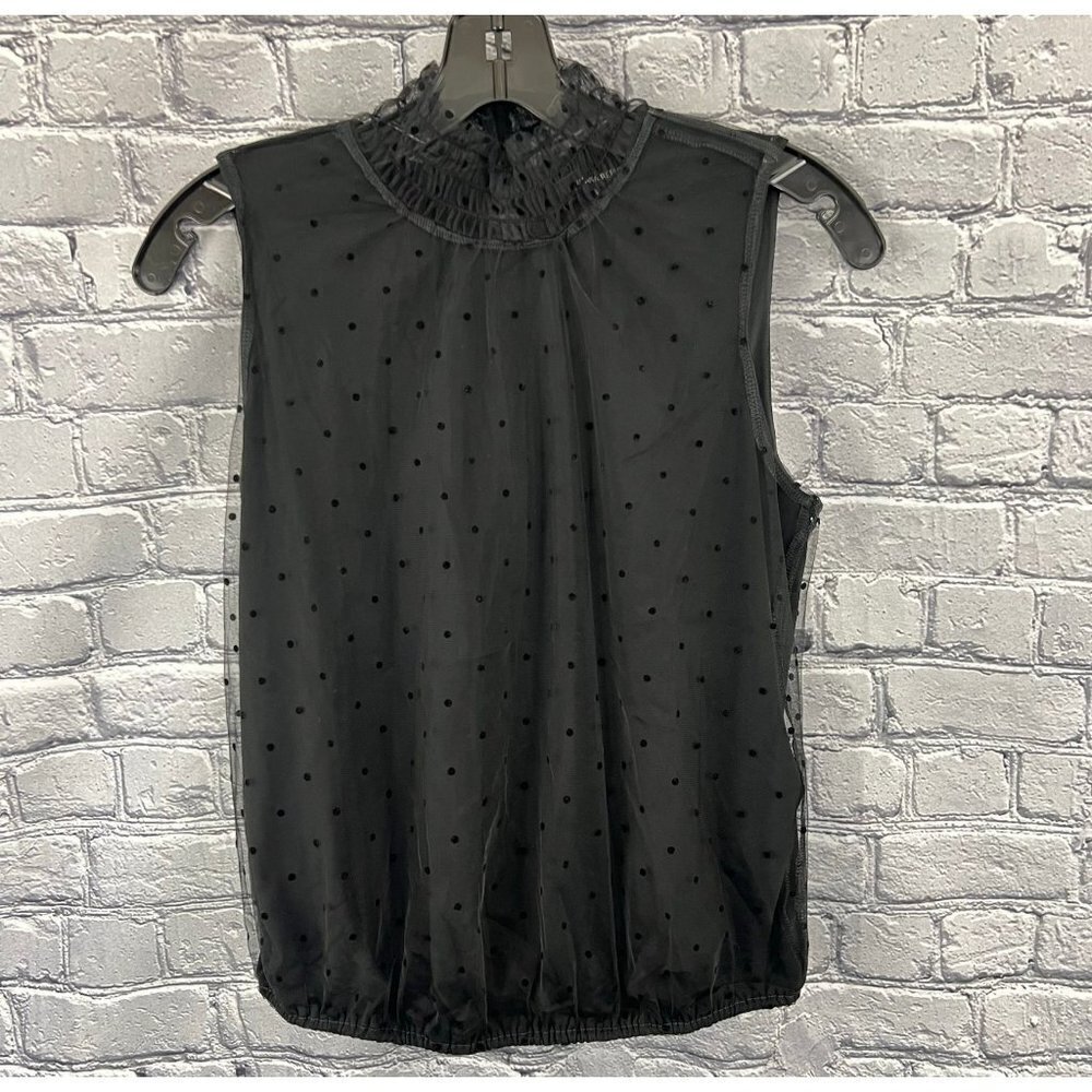 Banana Republic Black Swiss Dot Overlay  Wrap Back  High Neck Sleeveless Blouse